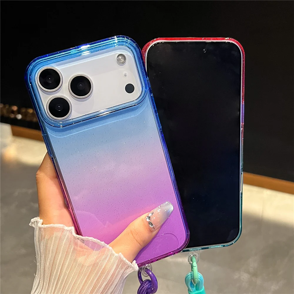 For iPhone 17 Pro Max Case Glitter Dual Color PC + TPU Clear Phone Cover with Hand Strap - Blue / Purple - Image 3
