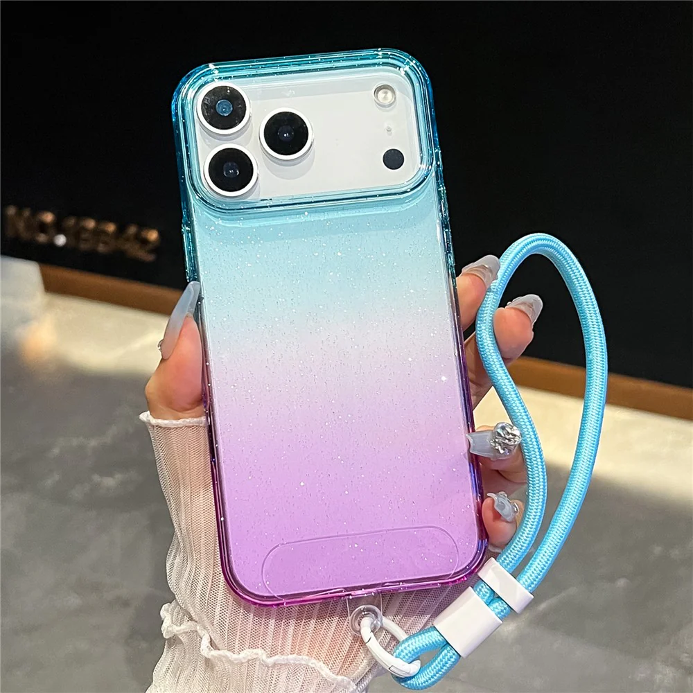 For iPhone 17 Pro Max Case Glitter Dual Color PC + TPU Clear Phone Cover with Hand Strap - Sky Blue / Purple
