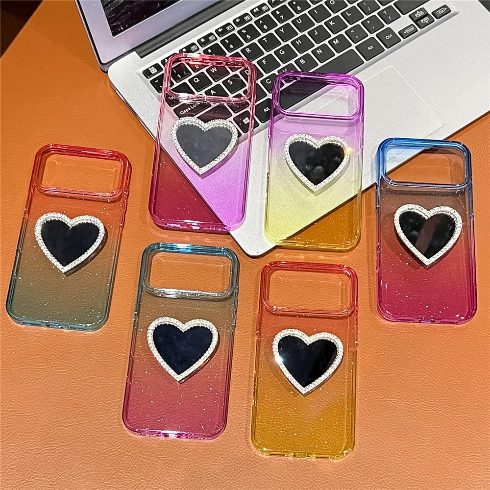 For iPhone 17 Pro Max Case Glitter Dual Color PC + TPU Clear Phone Cover with Heart-Shape Mirror - Pink / Sky Blue - Image 8