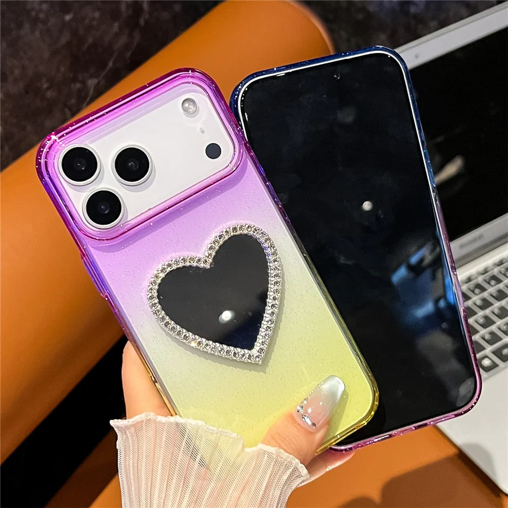 For iPhone 17 Pro Max Case Glitter Dual Color PC + TPU Clear Phone Cover with Heart-Shape Mirror - Pink / Yellow - Image 2