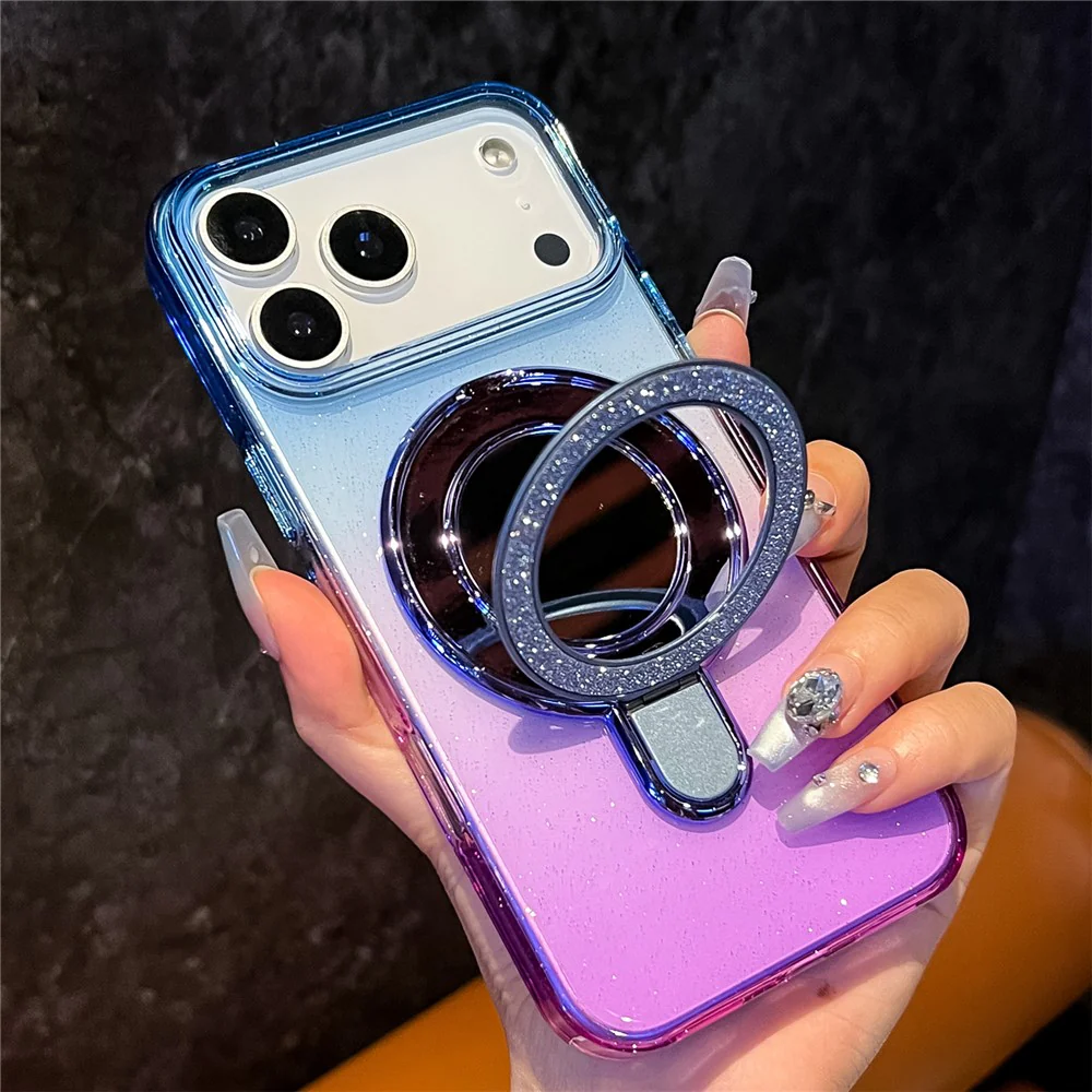 For iPhone 17 Pro Max Case Glitter PC + TPU Clear Mirror Kickstand Phone Cover with Compatible with MagSafe - Pink / Yellow - Image 3