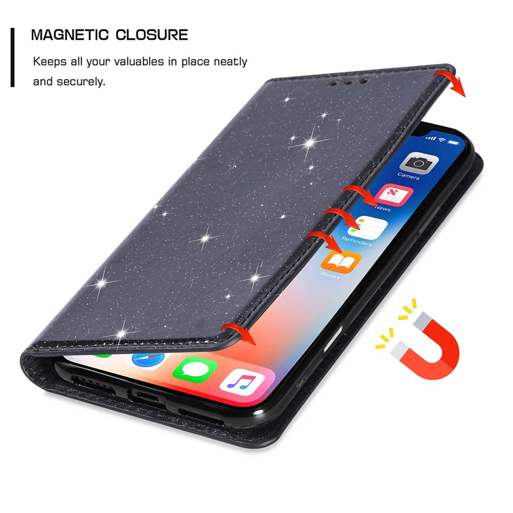 For iPhone 17 Pro Max Case Glittery PU Leather + TPU Card Slot Phone Cover - Black - Image 4