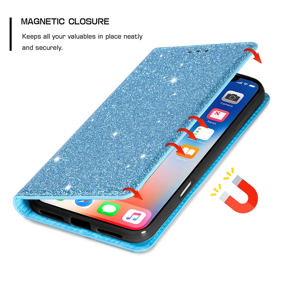 For iPhone 17 Pro Max Case Glittery PU Leather + TPU Card Slot Phone Cover - Blue - Image 4