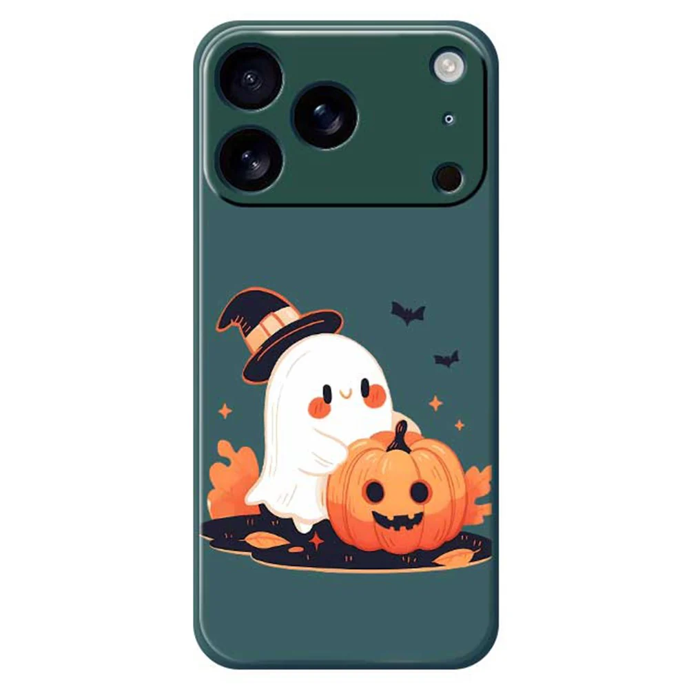 For iPhone 17 Pro Max Case Halloween Ghost Pumpkin Pattern Printing Straight Edge TPU Phone Back Cover - Green