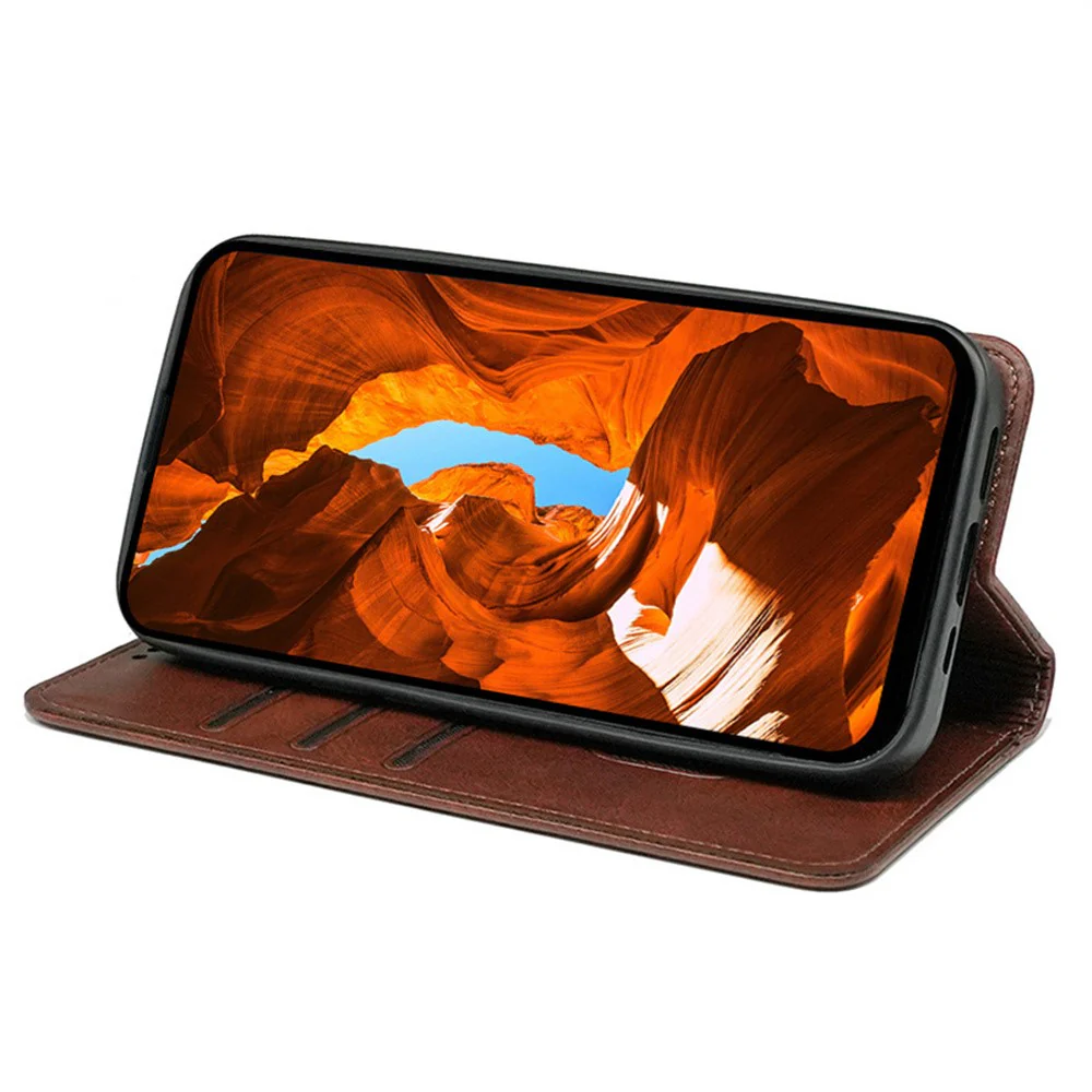 For iPhone 17 Pro Max Case Hidden Magnetic Closure Calf Texture Leather Phone Cover - Brown - Image 3