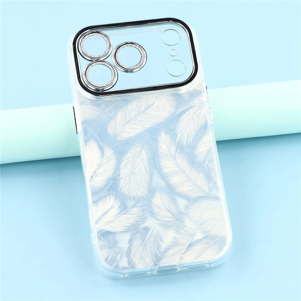 For iPhone 17 Pro Max Case IMD Design Shockproof Hybrid Phone Cover with Glass Lens Film - Feather Pattern / Silver - Image 6
