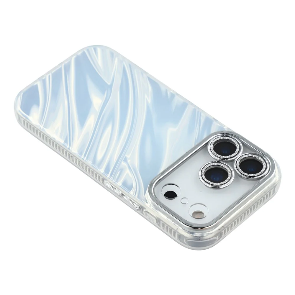 For iPhone 17 Pro Max Case IMD Design Shockproof Hybrid Phone Cover with Glass Lens Film - Ripple Pattern / Silver - Image 5