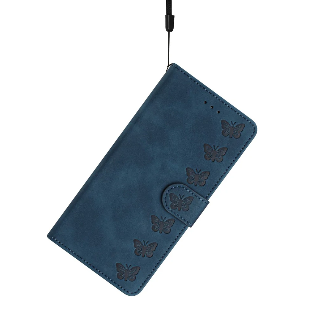 For iPhone 17 Pro Max Case Imprinted Butterfly Leather Wallet Phone Cover with Hand Strap - Blue - Image 5