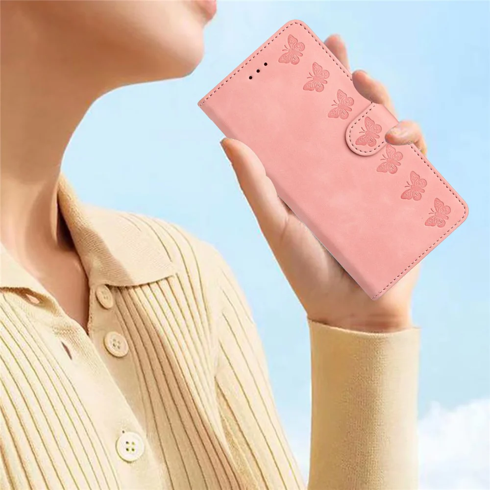 For iPhone 17 Pro Max Case Imprinted Butterfly Leather Wallet Phone Cover with Hand Strap - Pink - Image 7