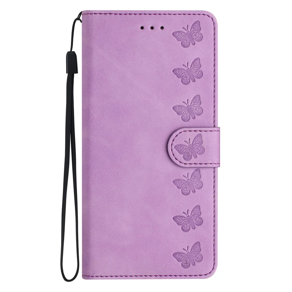 For iPhone 17 Pro Max Case Imprinted Butterfly Leather Wallet Phone Cover with Hand Strap - Purple - Image 8