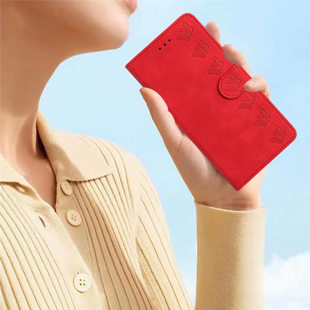 For iPhone 17 Pro Max Case Imprinted Butterfly Leather Wallet Phone Cover with Hand Strap - Red - Image 7