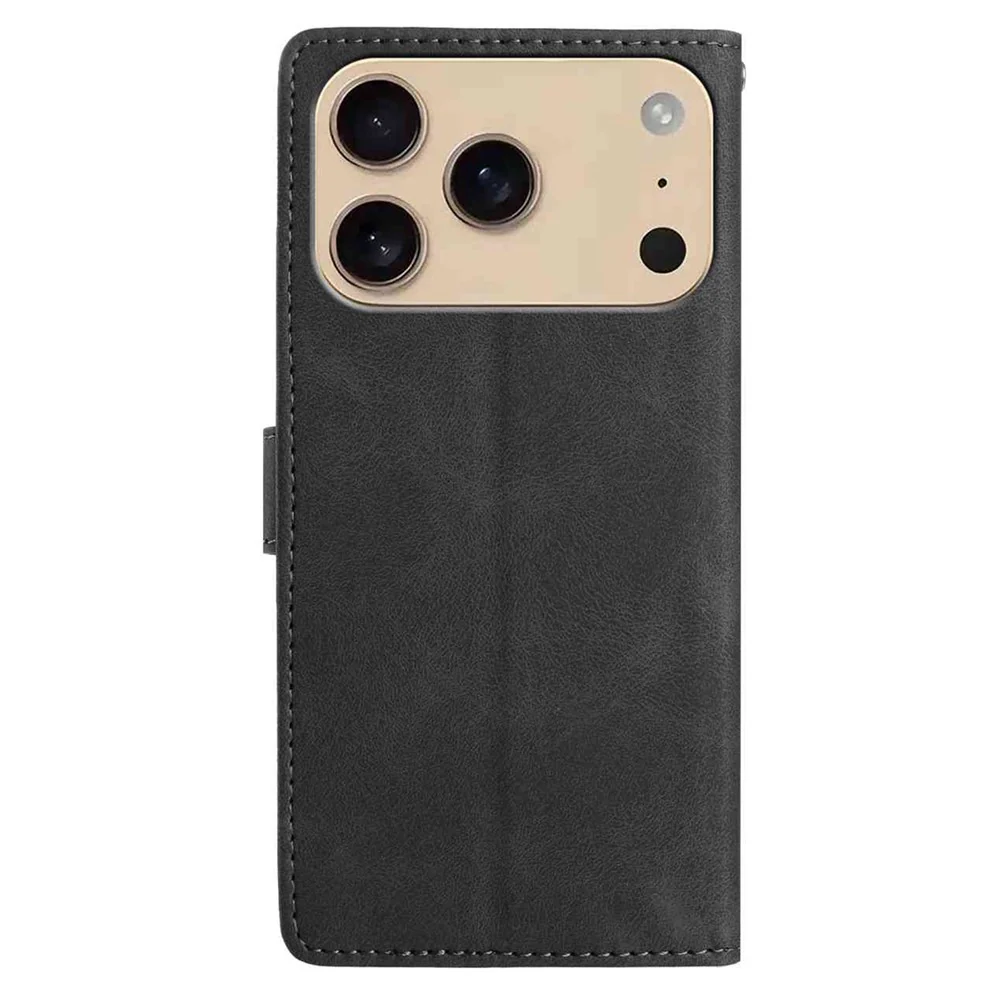 For iPhone 17 Pro Max Case Imprinted Feather PU Leather Wallet Phone Cover with Wrist Strap - Black - Image 6