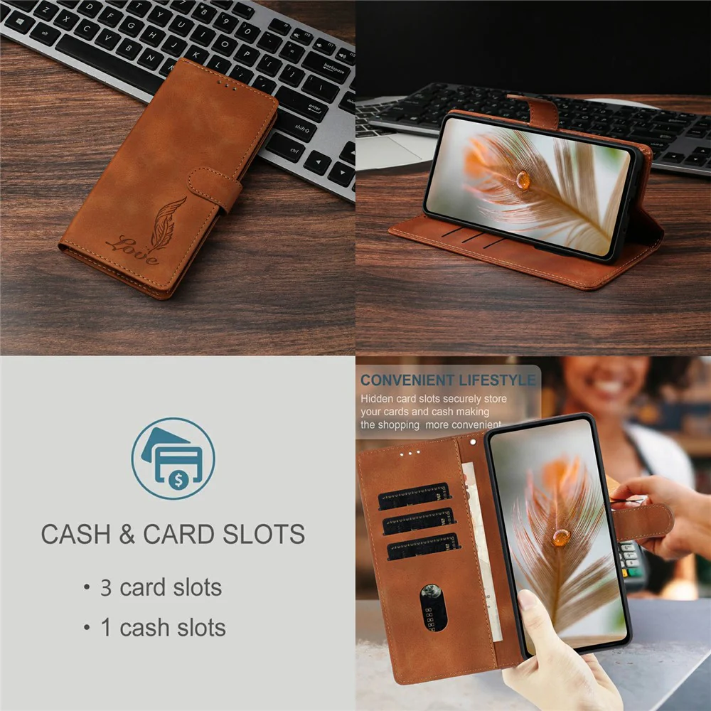 For iPhone 17 Pro Max Case Imprinted Feather PU Leather Wallet Phone Cover with Wrist Strap - Brown - Image 4
