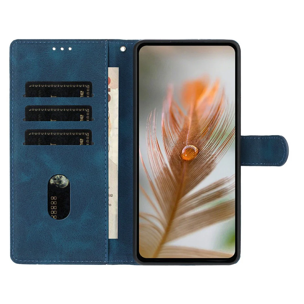 For iPhone 17 Pro Max Case Imprinted Feather PU Leather Wallet Phone Cover with Wrist Strap - Dark Blue - Image 3