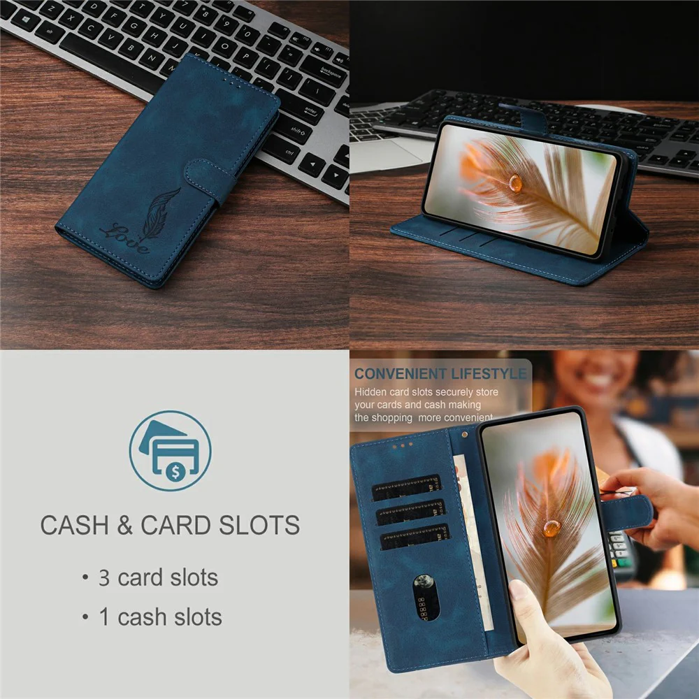 For iPhone 17 Pro Max Case Imprinted Feather PU Leather Wallet Phone Cover with Wrist Strap - Dark Blue - Image 4