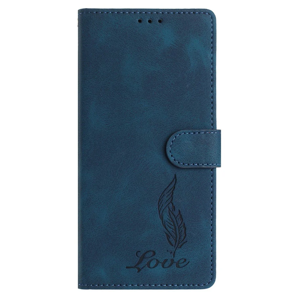 For iPhone 17 Pro Max Case Imprinted Feather PU Leather Wallet Phone Cover with Wrist Strap - Dark Blue - Image 5