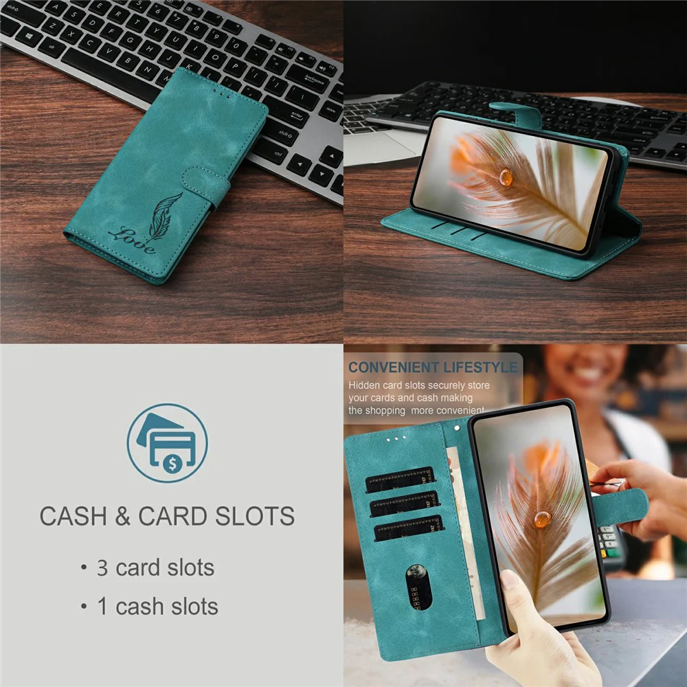 For iPhone 17 Pro Max Case Imprinted Feather PU Leather Wallet Phone Cover with Wrist Strap - Green - Image 4