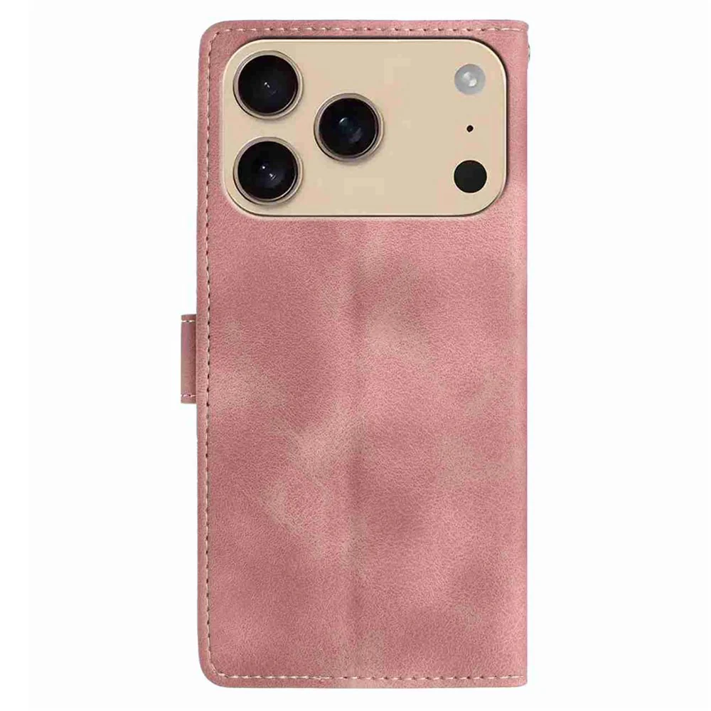 For iPhone 17 Pro Max Case Imprinted Feather PU Leather Wallet Phone Cover with Wrist Strap - Pink - Image 6