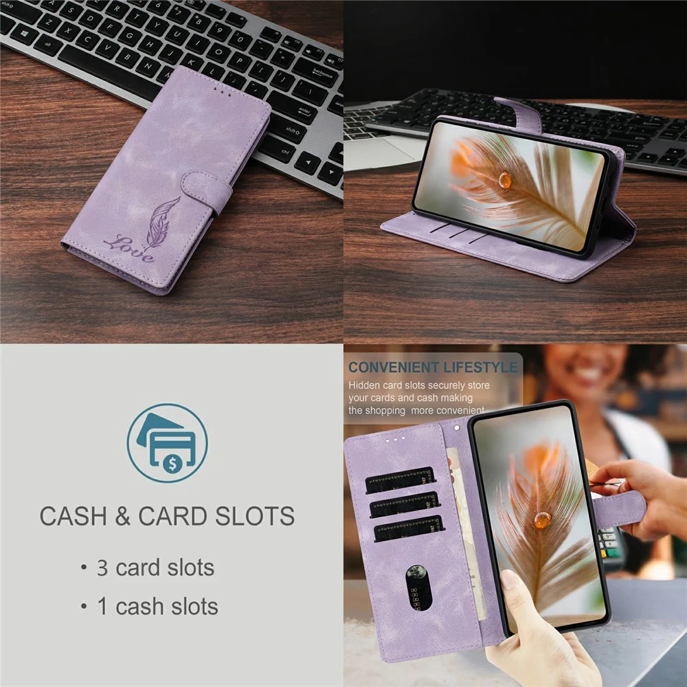 For iPhone 17 Pro Max Case Imprinted Feather PU Leather Wallet Phone Cover with Wrist Strap - Purple - Image 4