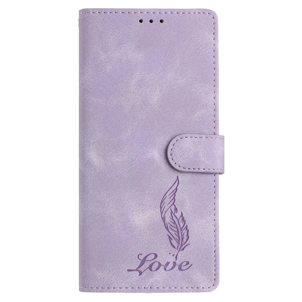 For iPhone 17 Pro Max Case Imprinted Feather PU Leather Wallet Phone Cover with Wrist Strap - Purple - Image 5