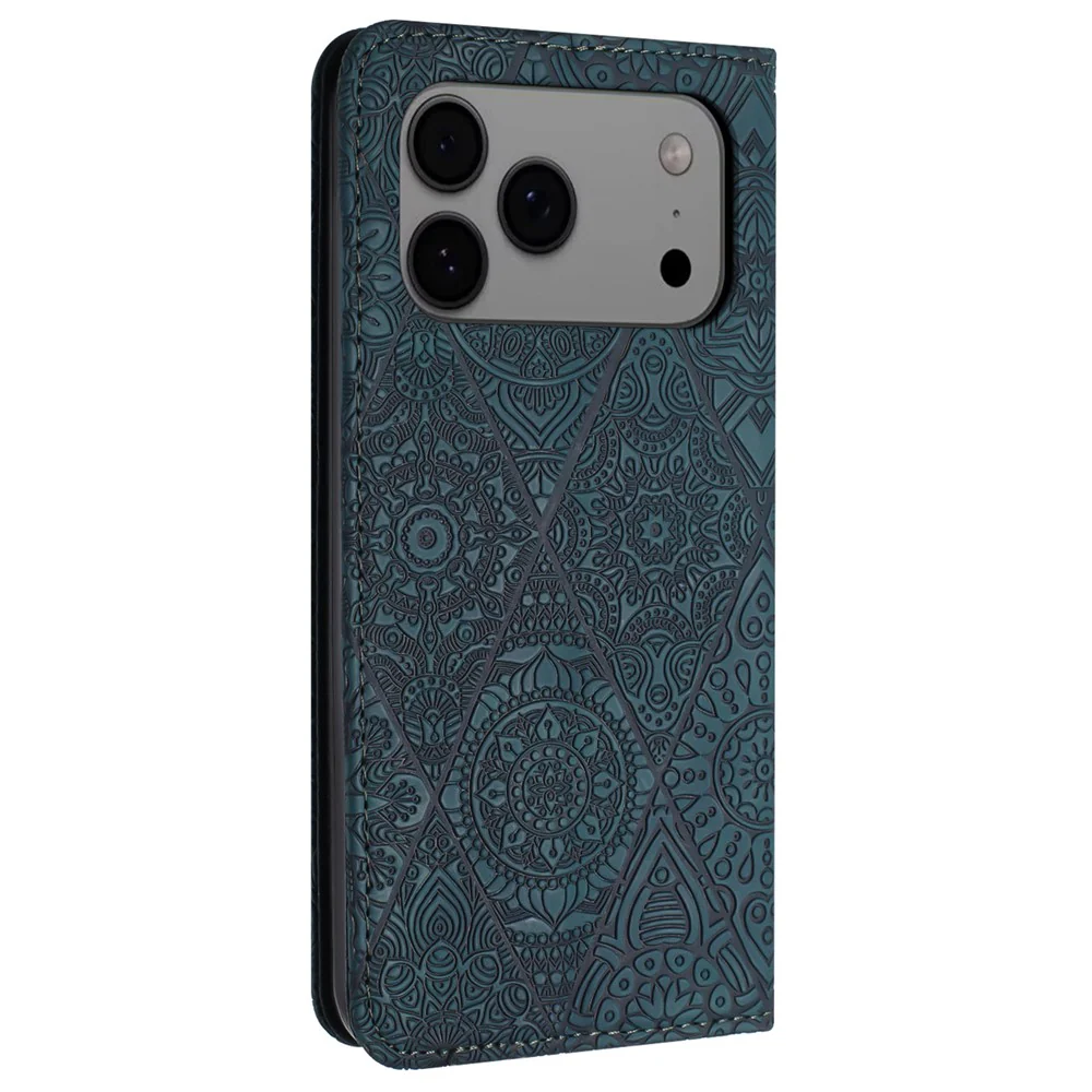 For iPhone 17 Pro Max Case Imprinted Flower Wallet Stand Leather Phone Cover - Blue - Image 6
