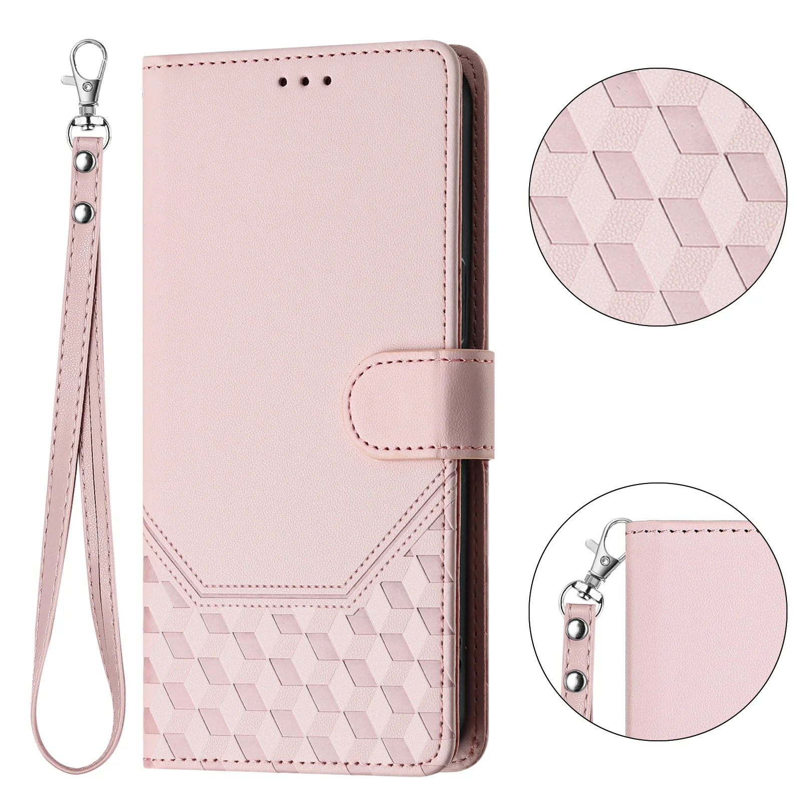 For iPhone 17 Pro Max Case Imprinted Honeycomb RFID Blocking Leather Phone Cover with Strap - Pink - Image 8