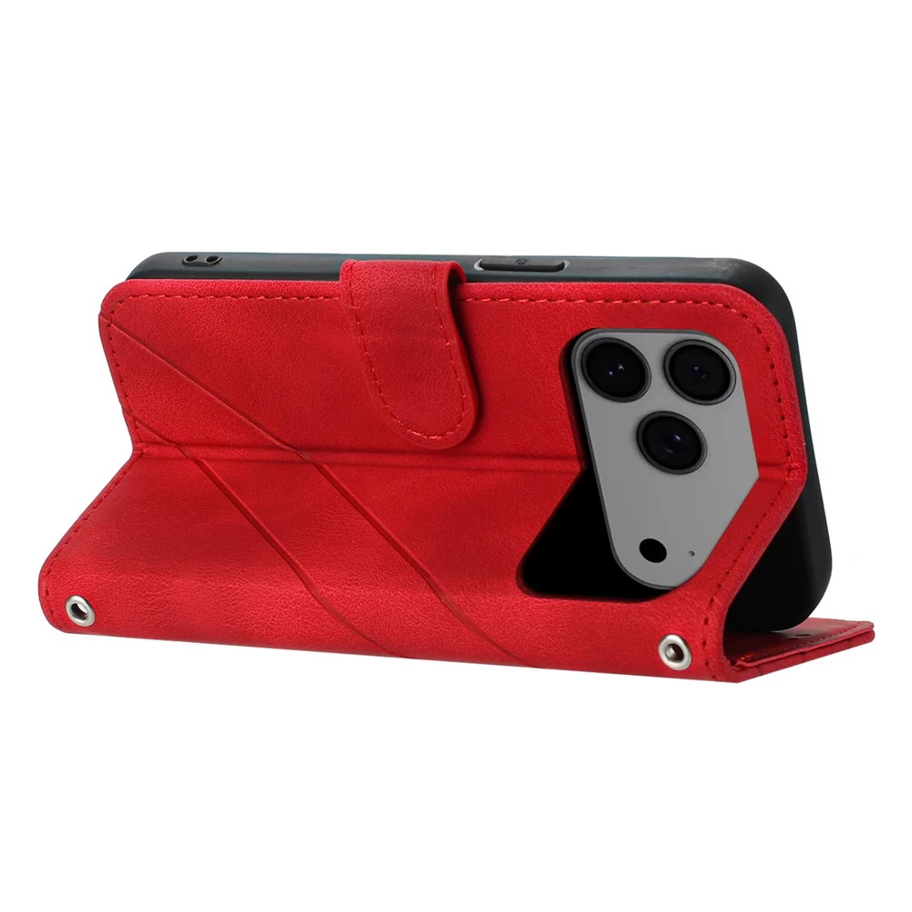 For iPhone 17 Pro Max Case Imprinted Line Leather Phone Cover with Handy Strap - Red - Image 2