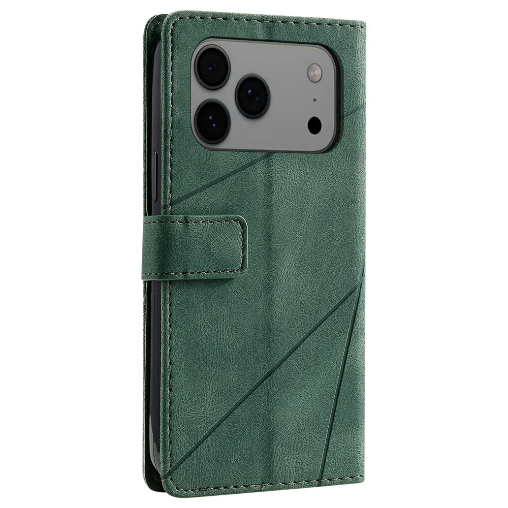 For iPhone 17 Pro Max Case Imprinted Lines PU Leather Splicing Wallet Phone Cover - Green - Image 8