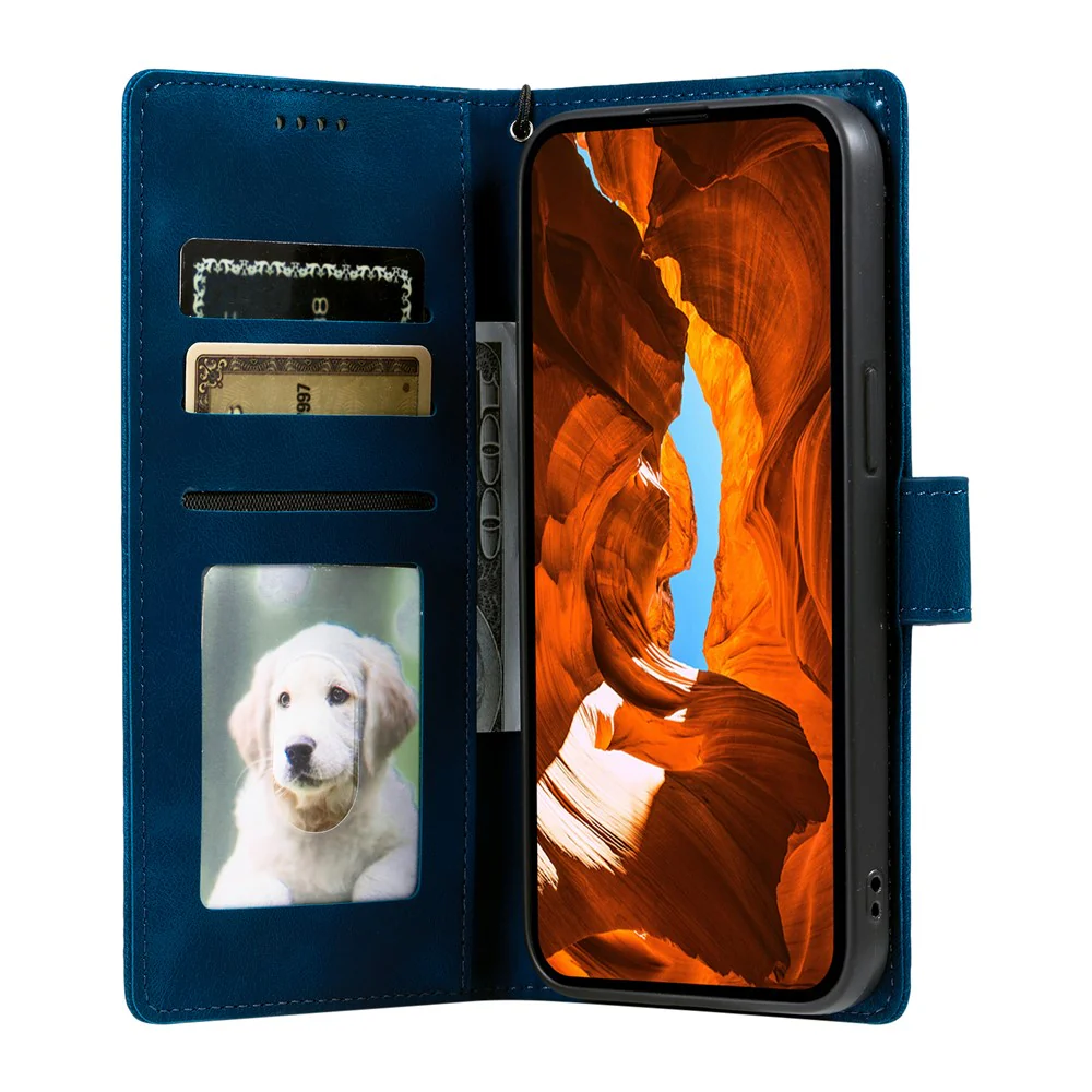 For iPhone 17 Pro Max Case Imprinted Totem Skin Feel Wallet Leather Phone Cover with Hand Strap - Blue - Image 2