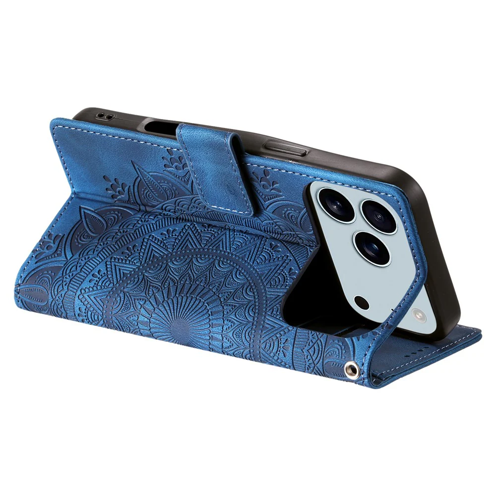 For iPhone 17 Pro Max Case Imprinted Totem Skin Feel Wallet Leather Phone Cover with Hand Strap - Blue - Image 4