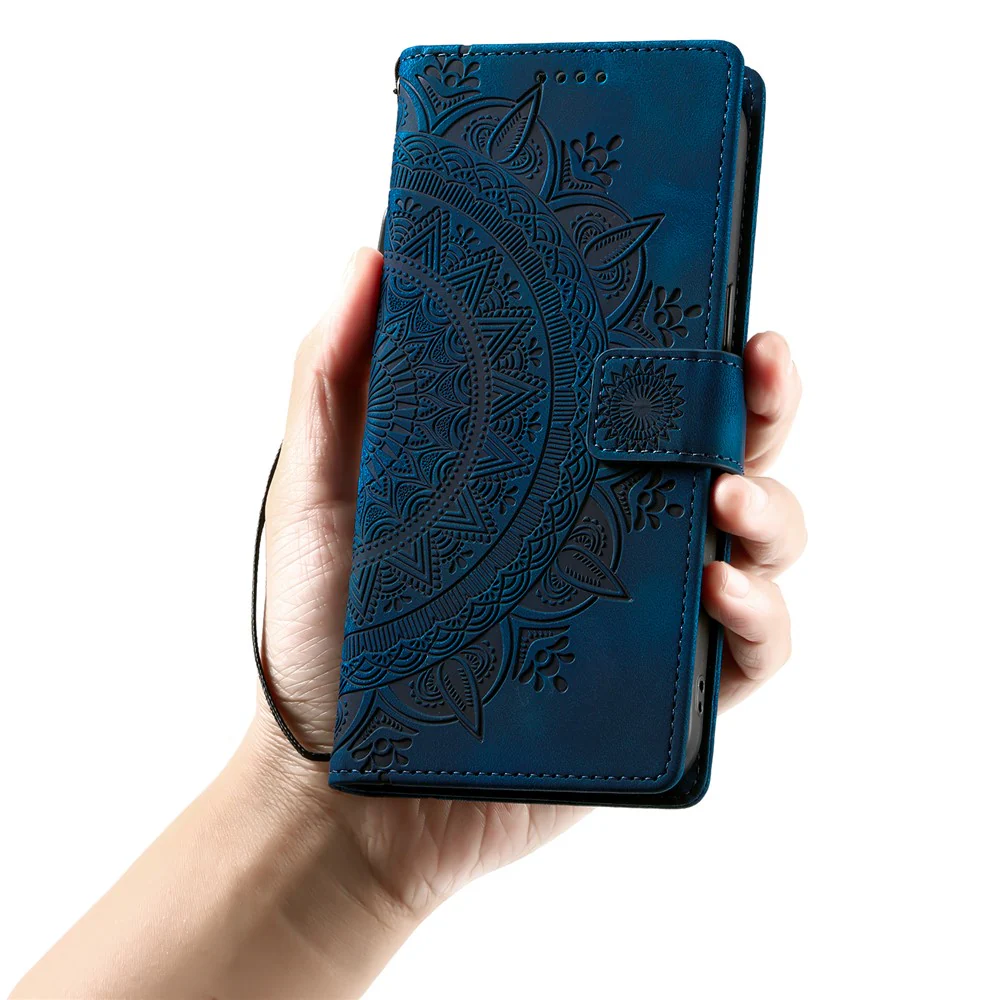 For iPhone 17 Pro Max Case Imprinted Totem Skin Feel Wallet Leather Phone Cover with Hand Strap - Blue - Image 5