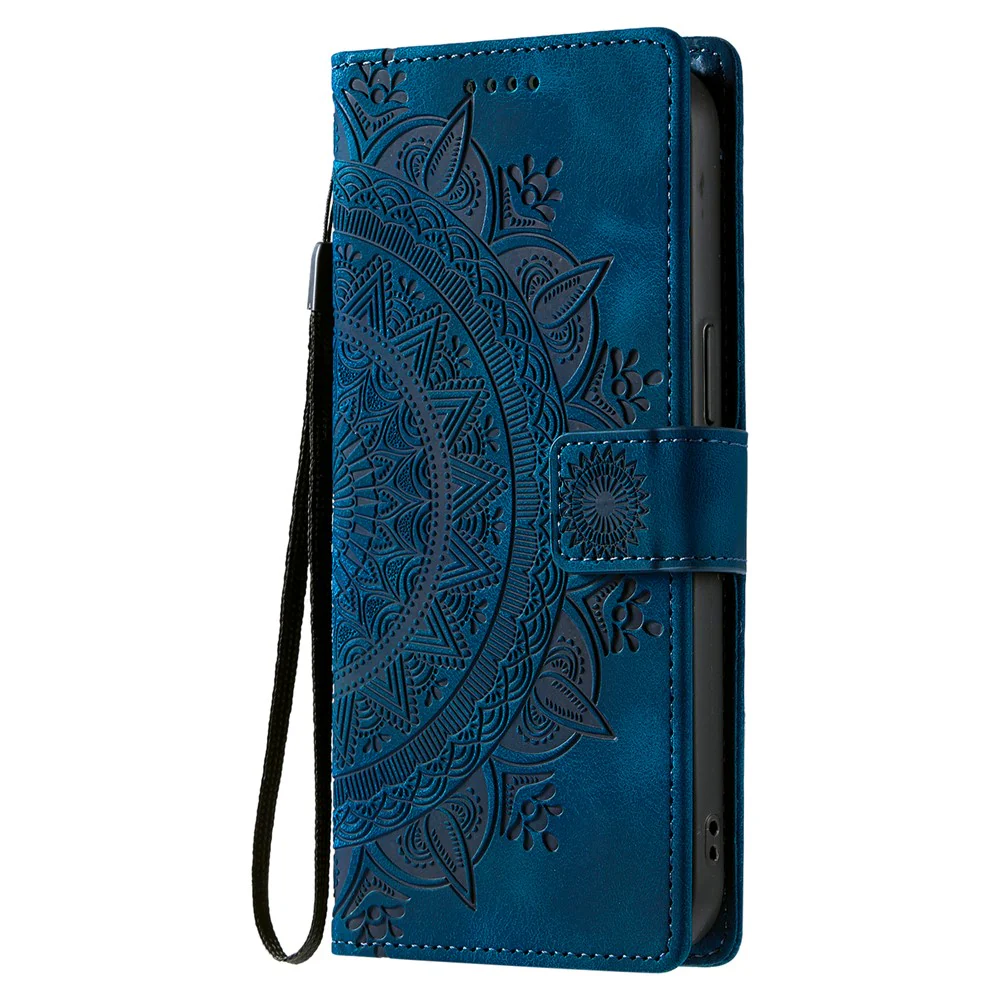 For iPhone 17 Pro Max Case Imprinted Totem Skin Feel Wallet Leather Phone Cover with Hand Strap - Blue - Image 8