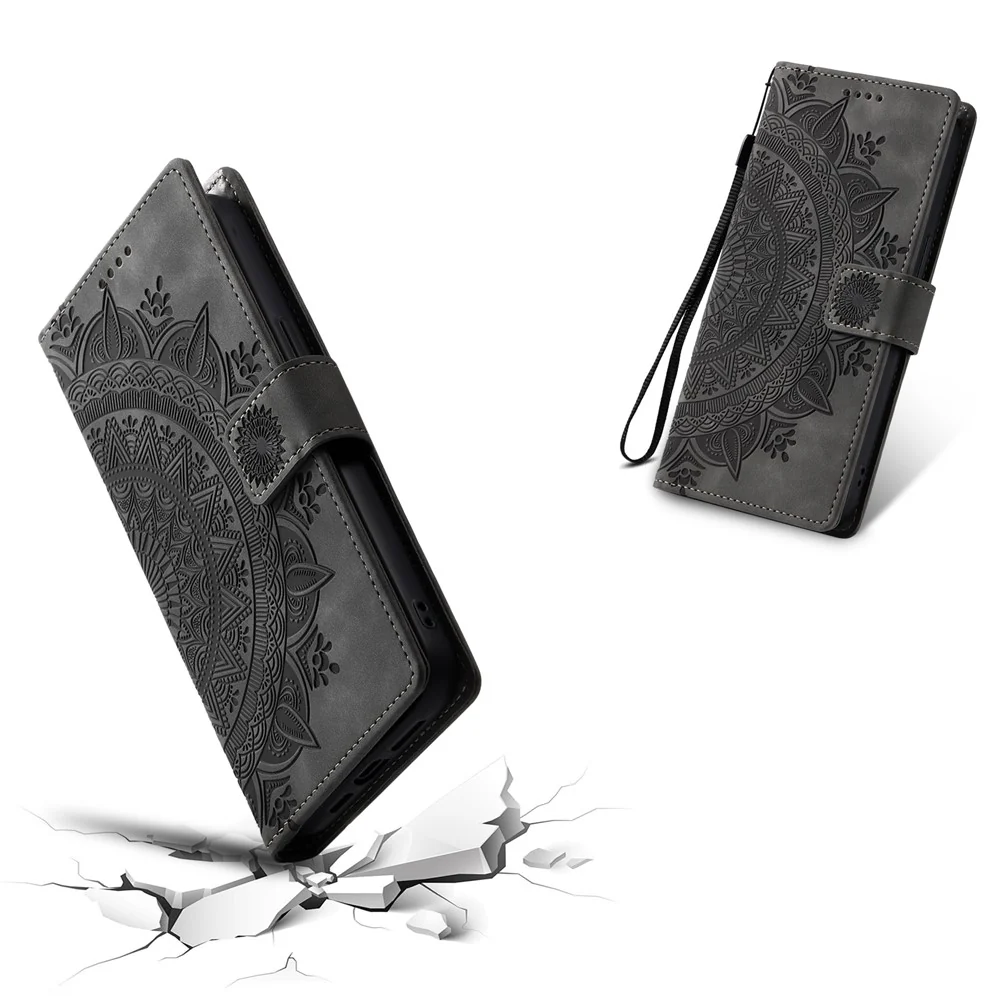 For iPhone 17 Pro Max Case Imprinted Totem Skin Feel Wallet Leather Phone Cover with Hand Strap - Grey - Image 6