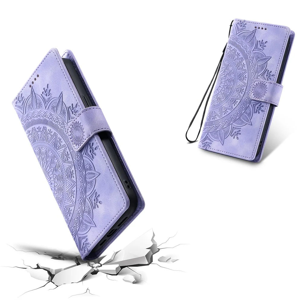 For iPhone 17 Pro Max Case Imprinted Totem Skin Feel Wallet Leather Phone Cover with Hand Strap - Purple - Image 6
