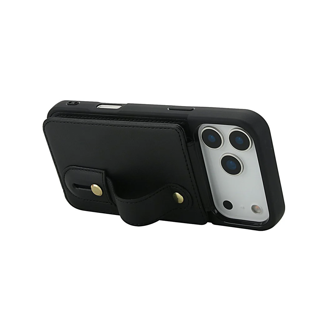 For iPhone 17 Pro Max Case Kickstand Card Slots Leather Coated TPU Cover with Shoulder Strap - Black - Image 4