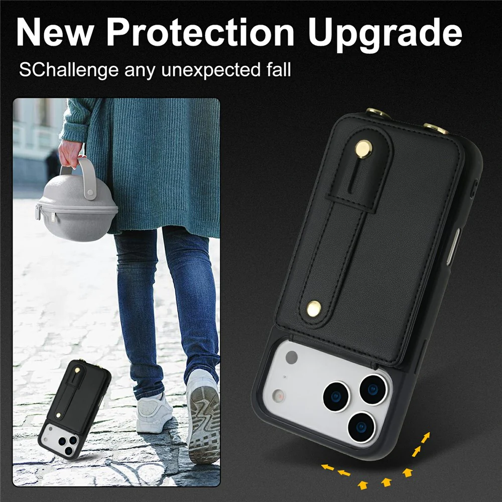 For iPhone 17 Pro Max Case Kickstand Card Slots Leather Coated TPU Cover with Shoulder Strap - Black - Image 7