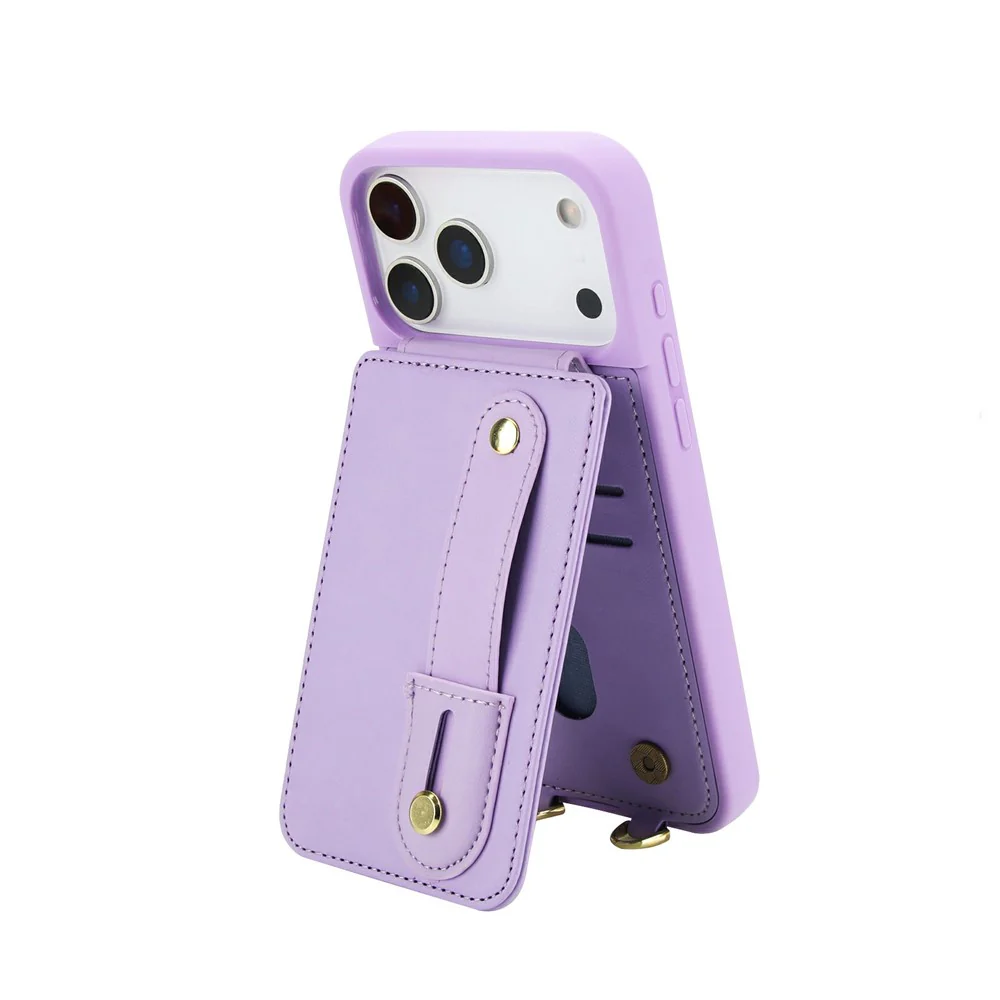 For iPhone 17 Pro Max Case Kickstand Card Slots Leather Coated TPU Cover with Shoulder Strap - Purple - Image 3