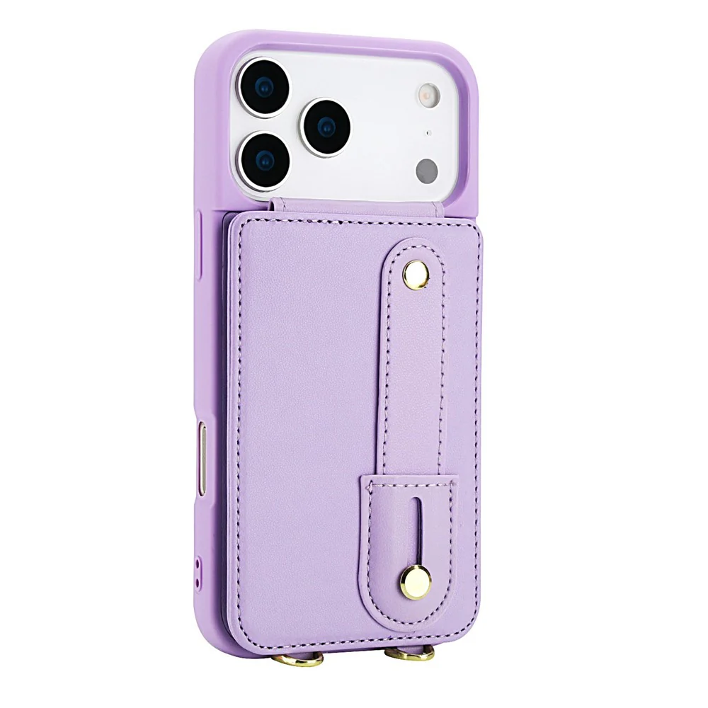 For iPhone 17 Pro Max Case Kickstand Card Slots Leather Coated TPU Cover with Shoulder Strap - Purple - Image 5