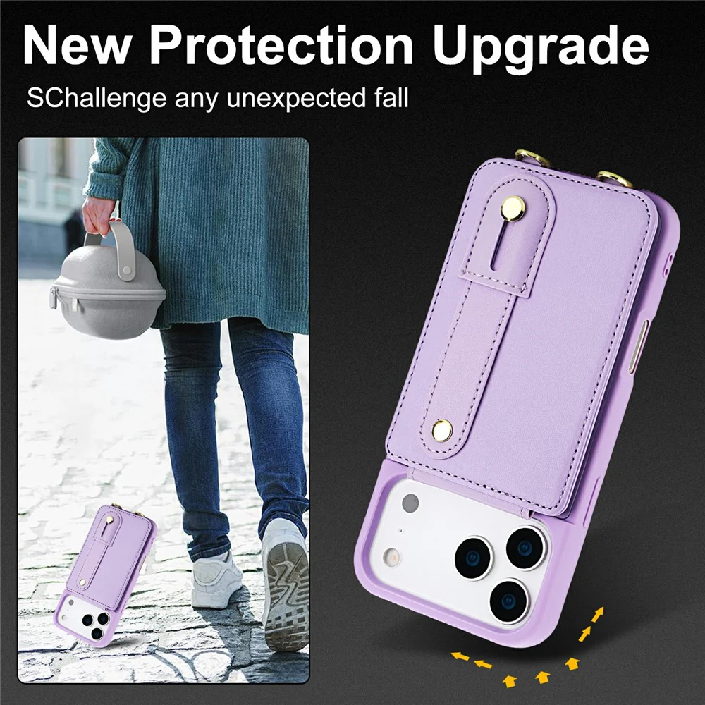 For iPhone 17 Pro Max Case Kickstand Card Slots Leather Coated TPU Cover with Shoulder Strap - Purple - Image 7