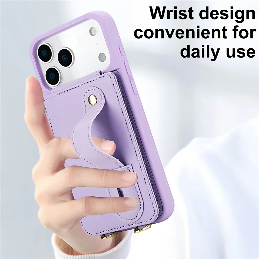 For iPhone 17 Pro Max Case Kickstand Card Slots Leather Coated TPU Cover with Shoulder Strap - Purple - Image 8