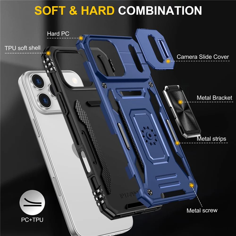 For iPhone 17 Pro Max Case Kickstand Slide Lens Lid PC + TPU Drop - Navy Blue - Image 7