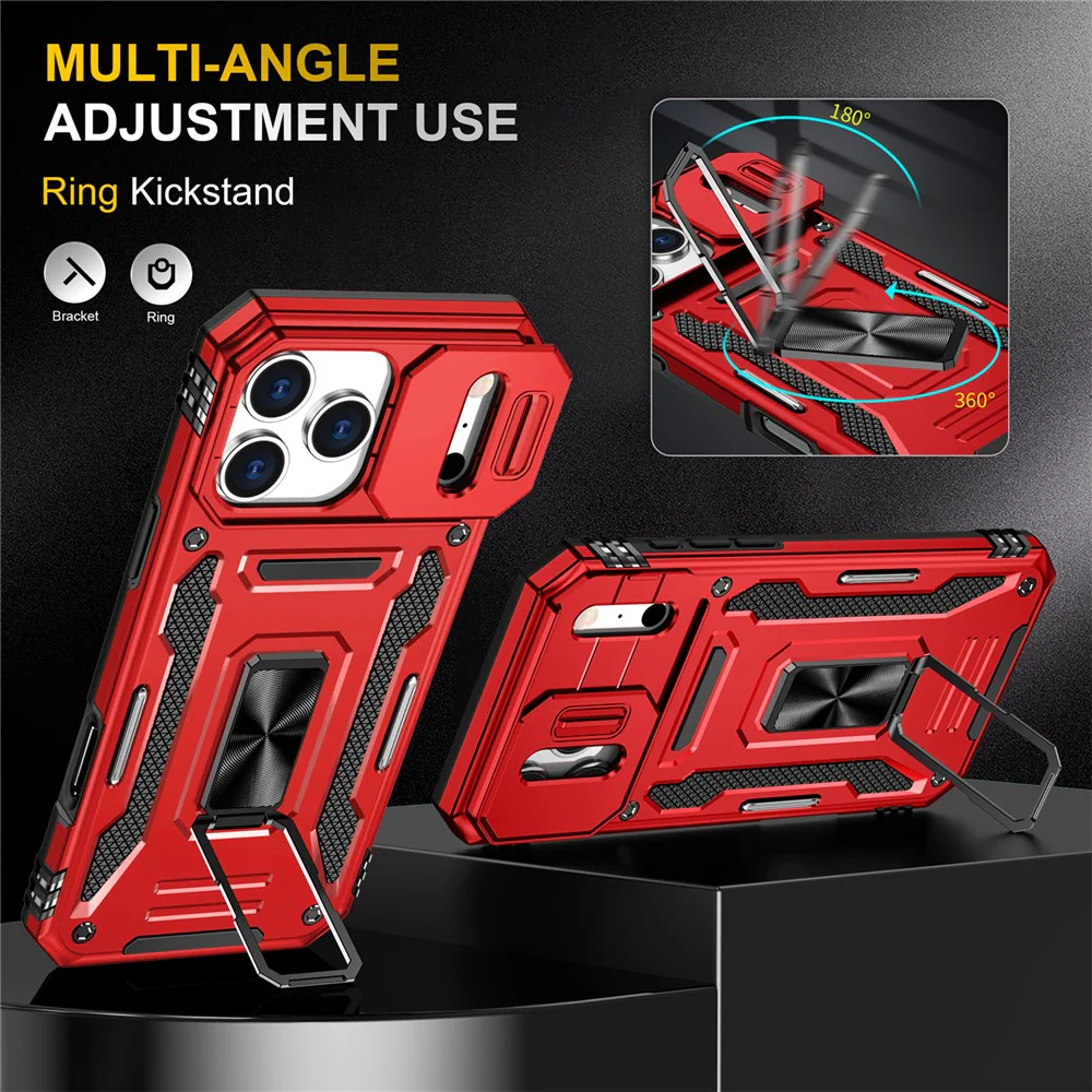 For iPhone 17 Pro Max Case Kickstand Slide Lens Lid PC + TPU Drop - Red - Image 2