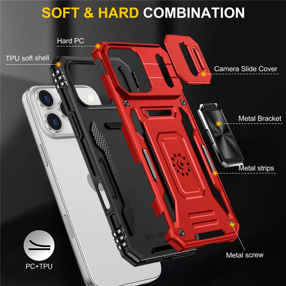 For iPhone 17 Pro Max Case Kickstand Slide Lens Lid PC + TPU Drop - Red - Image 7