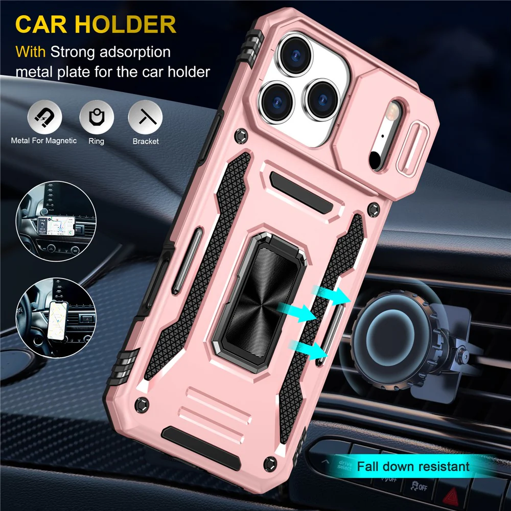 For iPhone 17 Pro Max Case Kickstand Slide Lens Lid PC + TPU Drop - Rose Gold - Image 3