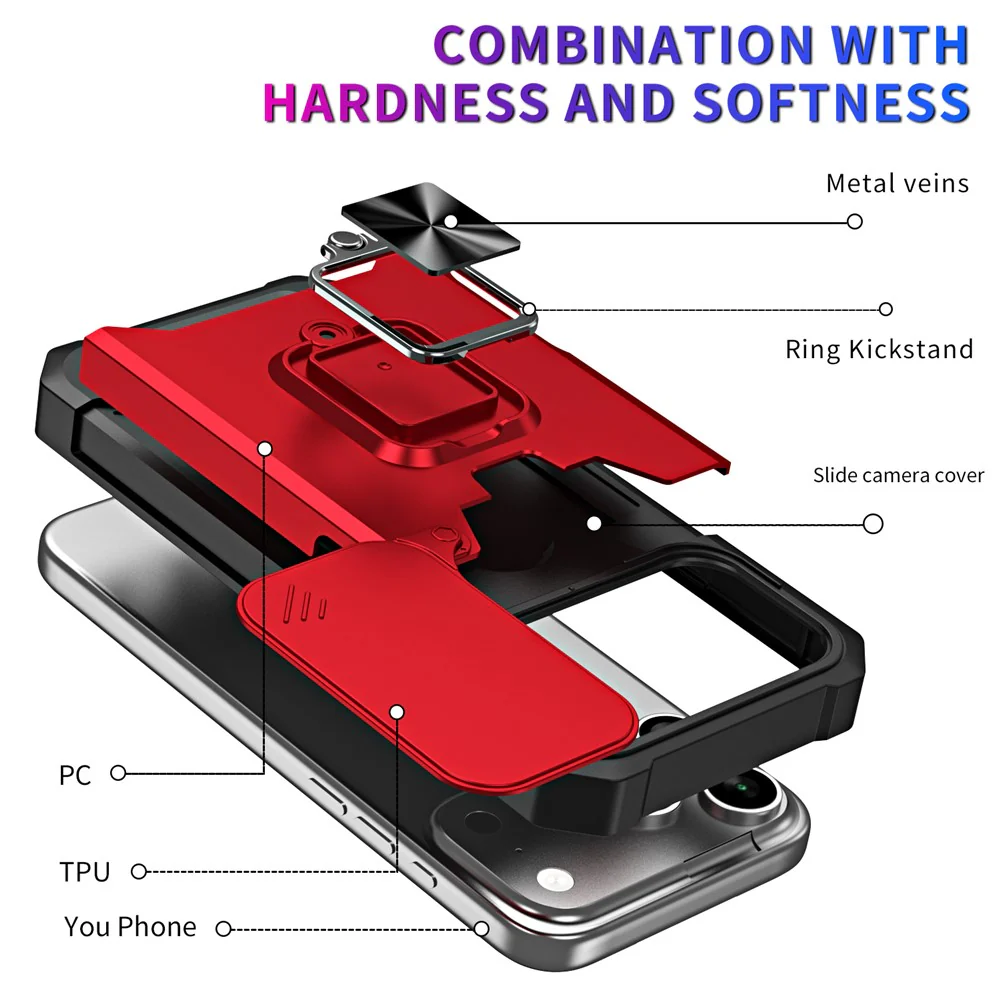 For iPhone 17 Pro Max Case Kickstand Slide Lens Lid PC + TPU Phone Cover with Card Slot - Red - Image 2