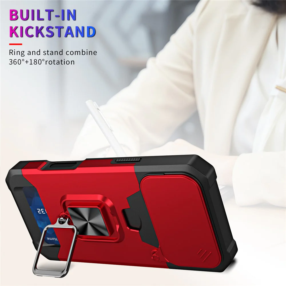 For iPhone 17 Pro Max Case Kickstand Slide Lens Lid PC + TPU Phone Cover with Card Slot - Red - Image 4