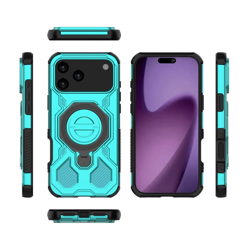For iPhone 17 Pro Max Case Kickstand with 2Pcs Screen Film WANLONFENG KJ Series PC TPU Phone Cover (Big Lens Hole) - Green - Image 2
