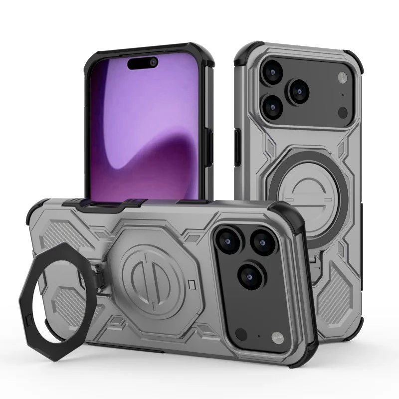 For iPhone 17 Pro Max Case Kickstand with 2Pcs Screen Film WANLONFENG KJ Series PC TPU Phone Cover (Big Lens Hole) - Grey - Image 3