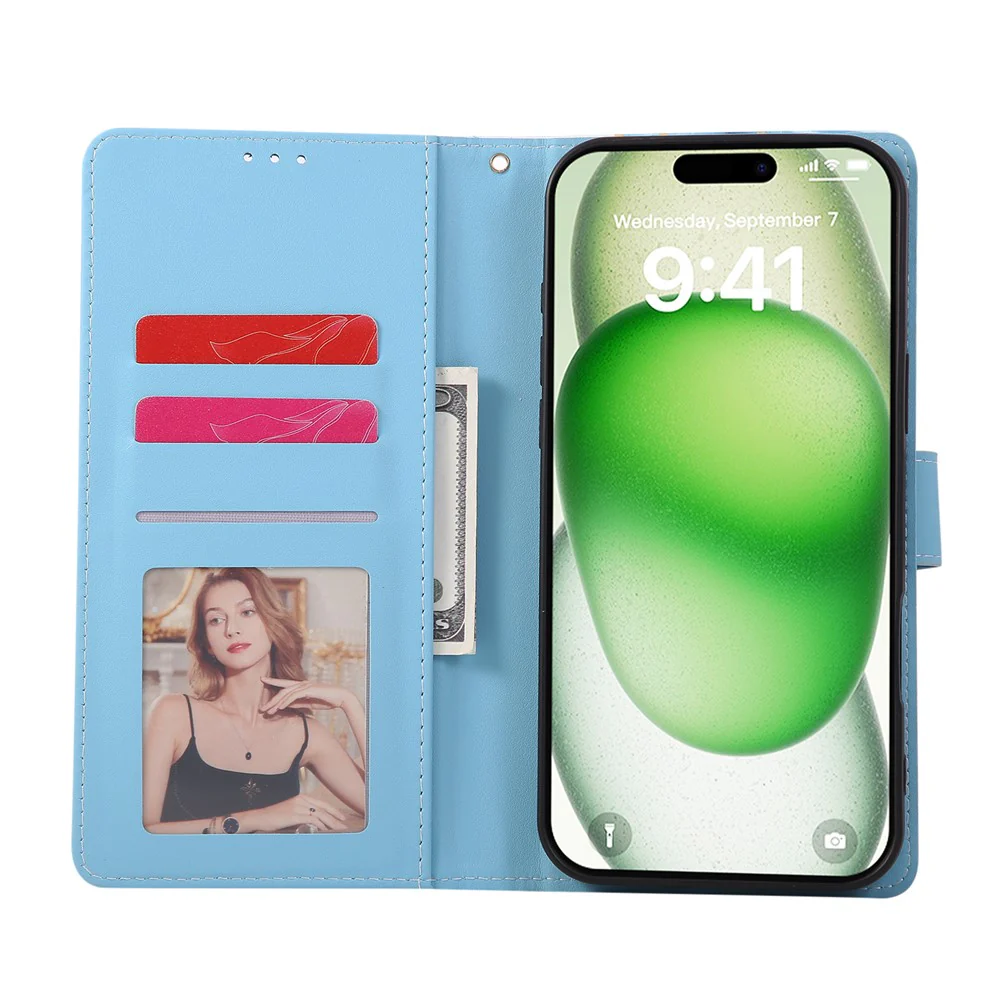 For iPhone 17 Pro Max Case Lacquered Marble Pattern Leather Phone Cover with Wrist Strap - Blue - Image 4