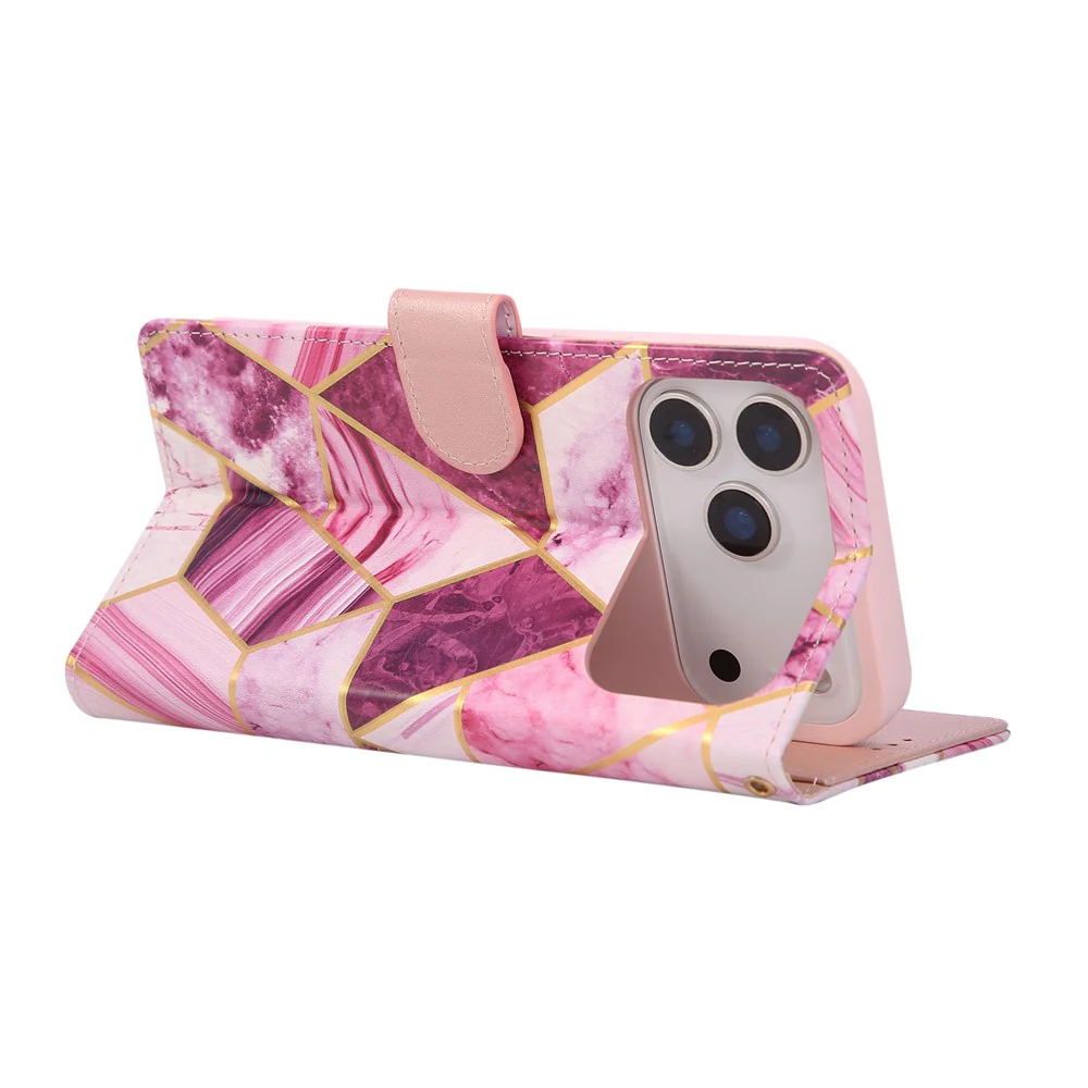 For iPhone 17 Pro Max Case Lacquered Marble Pattern Leather Phone Cover with Wrist Strap - Purple - Image 2